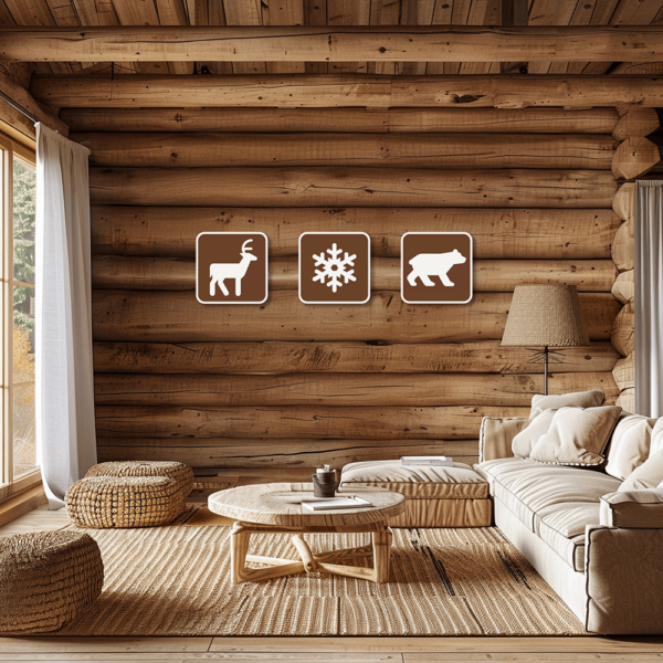 Three square, brown and white signs hung up on a cabin wall.