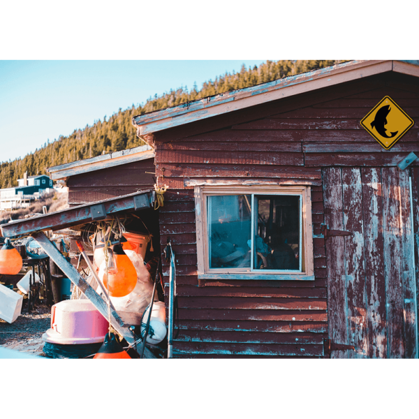 A fishing warning sign hung up on a shed surrounded by buoys.