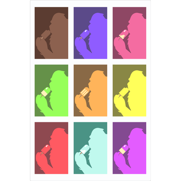 Rectangular sign of 9 images of big foot eating a popcycle.