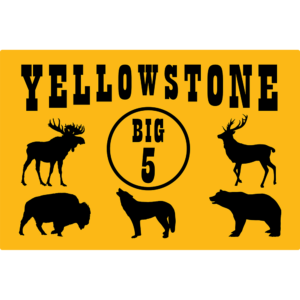 Yellowstone Big Five Sign. Yellow horizontal sign that Says "Yellowstone big 5" and has five animals