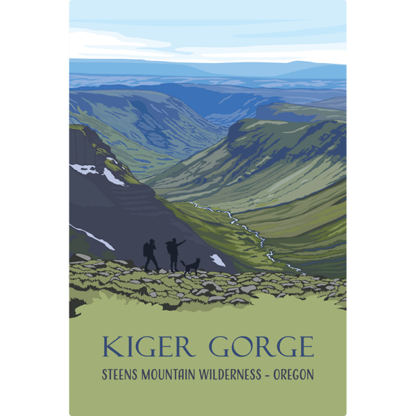 Rectangular wall art of colorful mountain range with text that says "Kiger Gorge Steens Mountain Wilderness- Oregon"