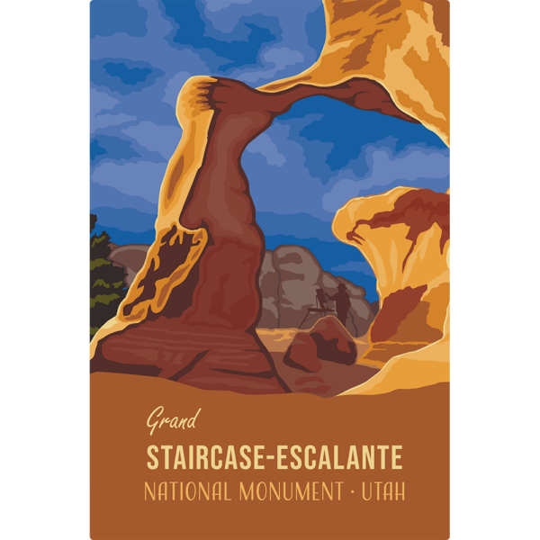 Rectangular Sign with blue Sky's and Light brown rocks and text that says "grand Staircase-Escalante national Monument Utah"