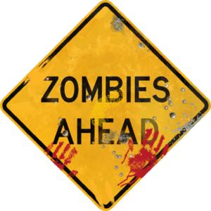 Street Sign with Zombies Ahead legend and bloody hand prints. Vintage looking sign with digitally printed bullet holes.