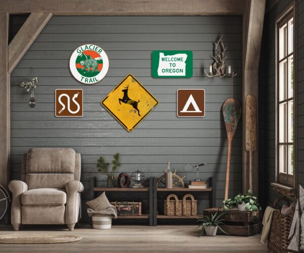 A cabin man cave with various aluminum signs hung up on the wall.