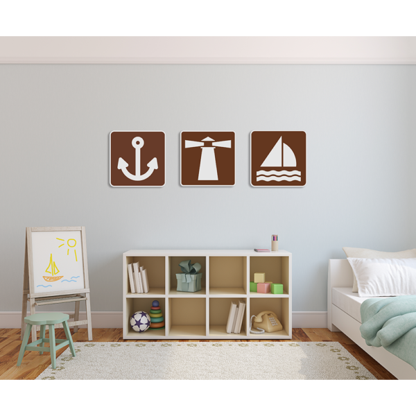 An image of a child's room with brown and white signs hung on the wall.