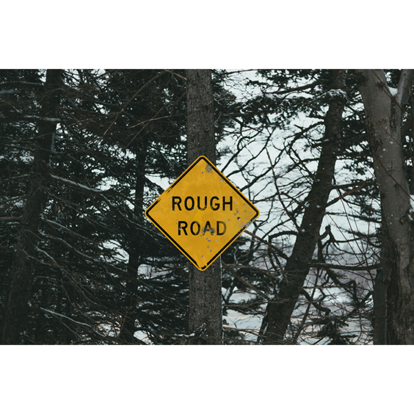 A rough road sign mounted to at tree in a snowy forest.