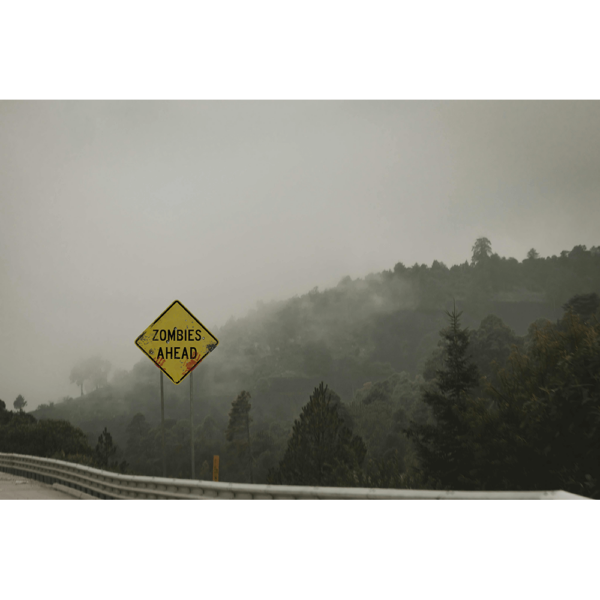 A Zombies Ahead warning sign on posts near the side of a road close to a forest.