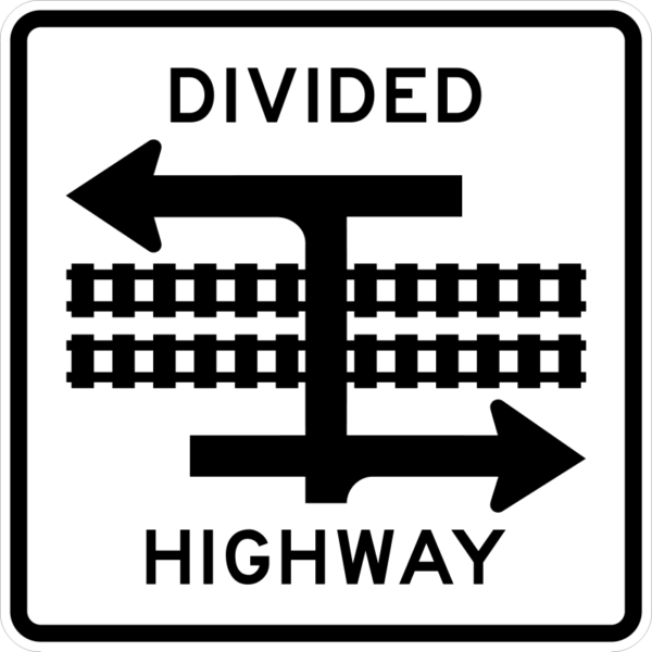 R15-7a Divided Highway With Light Rail Transit Crossing (T-Intersection) Symbol Sign