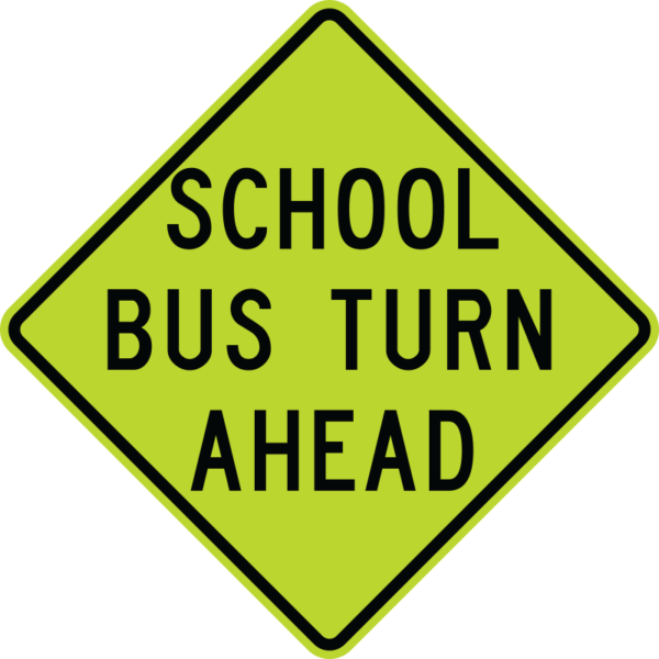 Diamond lime green school but turn ahead sign