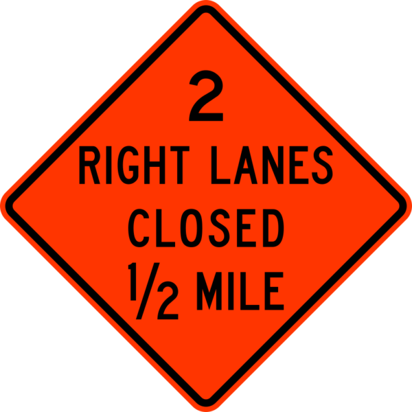 W20-5aR 2 Right Lanes Closed 1/2 Mile Sign. Our signs are made with 50-52 H-38 conversion coated aluminum. All signs include pre-punched 3/8” holes top and bottom for mounting on a single post. Reflective sheeting is made specifically for outdoor traffic signs and is designed to last for ten years. Available in size 36” x 36”