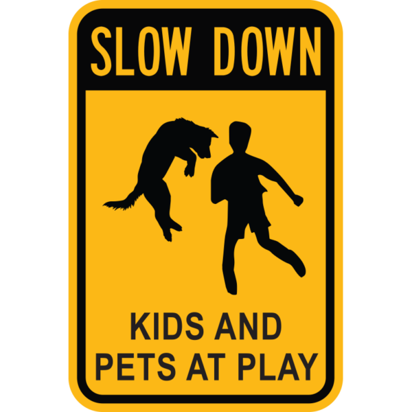 yellow kids and pet at play sign