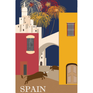 Rectangular Sign of a city in Spain with colorful buildings and two bulls.