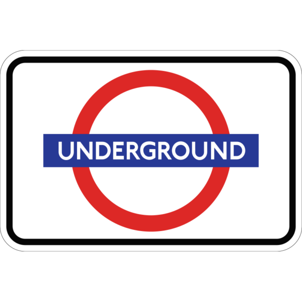 red, white and blue London Underground Sign