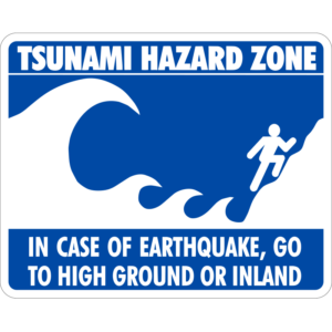 white and blue sign Tsunami Hazard Zone