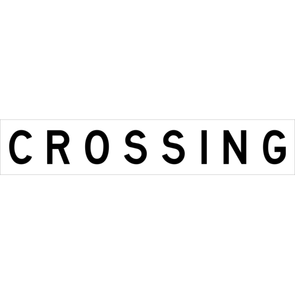 White and =black sign that says crossing.