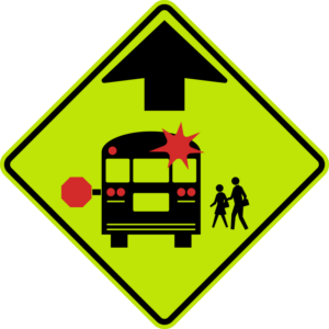 Lime green School Bus Stop Ahead Symbol Sign