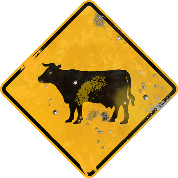 Vintage looking sign with a cow and digitally printed bullet holes.