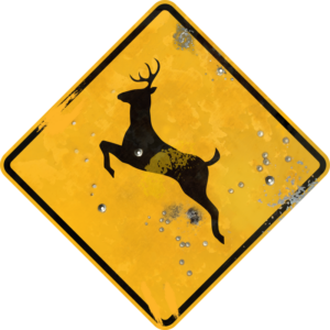 Street Sign with Deer Crossing Symbol (W9-15P). Vintage sign with digitally printed bullet holes.