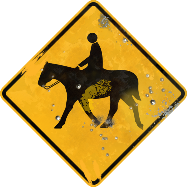 Street Sign with Horse Crossing horse and rider symbol. Vintage looking sign with digitally printed bullet holes.