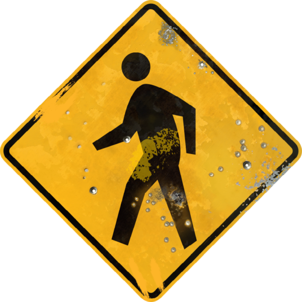 Street Sign with Pedestrian Crossing symbol. Vintage looking sign with digitally printed bullet holes.