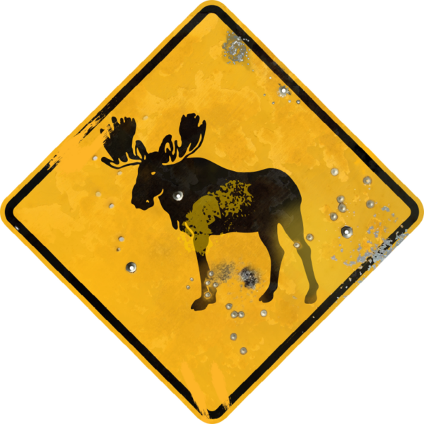 Street Sign with Moose Crossing symbol. Vintage looking sign with digitally printed bullet holes.