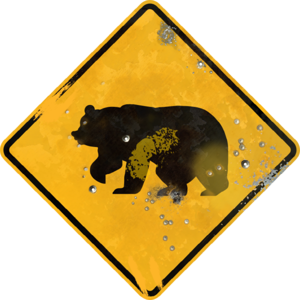 Street Sign with Bear Crossing Symbol. Vintage looking sign with digitally printed bullet holes.