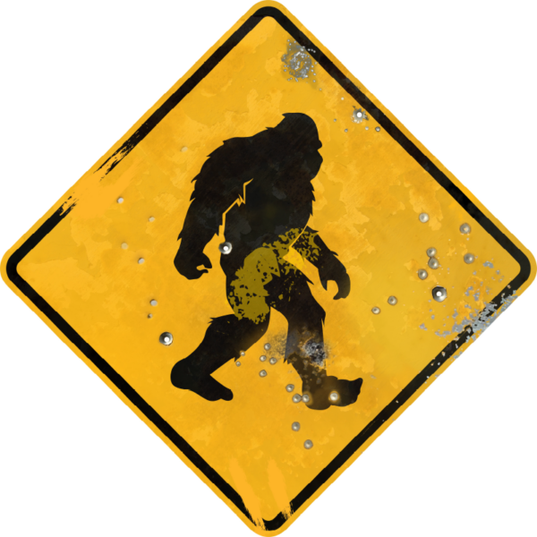 Street Sign with Bigfoot Crossing Symbol. Vintage looking sign with digitally printed bullet holes.