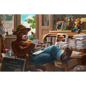 Horizontal Sign of Smokey bear Sitting and reading through fan mail.