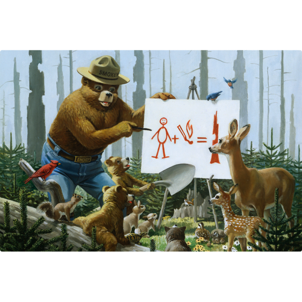 Horizontal Sign of Smokey bear Drawing on paper with small animals around.