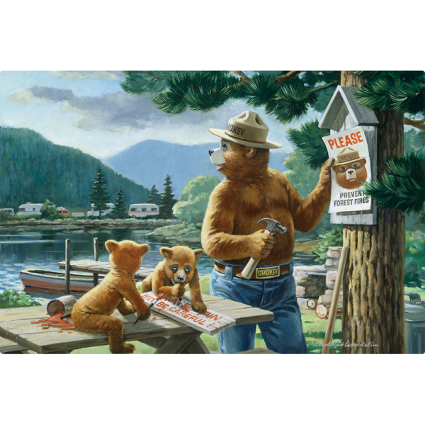 Horizontal Sign of Smokey bear Hanging up a prevent forest fire sign