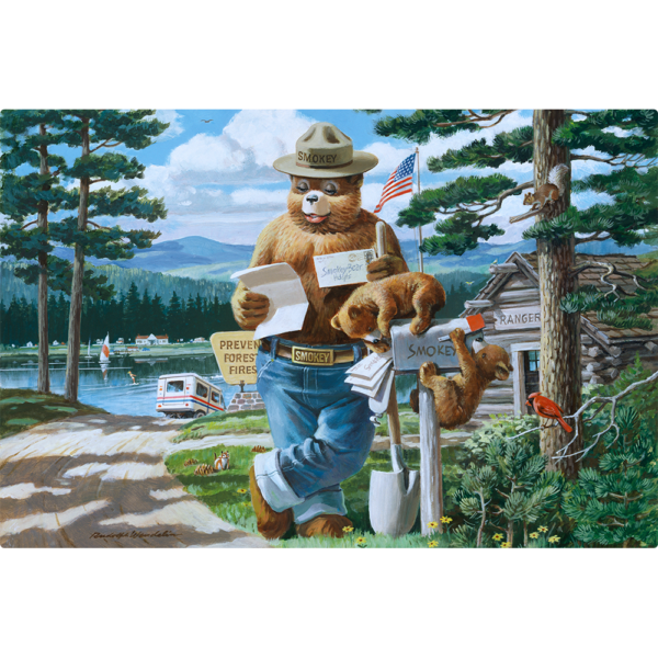 Horizontal Sign of Smokey bear Looking through his mailbox.