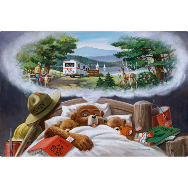 Horizontal Sign of Smokey bear Sleeping with his young cubs.