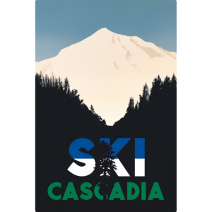Ski Cascadia sign with white mountain in the background.