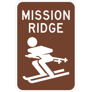Rectangular sign that says " Mission Ridge" and has a character skiing.