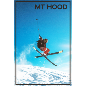 Rectangular Sign With blue background of a skier jumping in the air and text that says "Mt Hood"