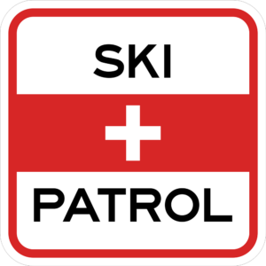 Square white and red ski sign that says "Ski Patrol"