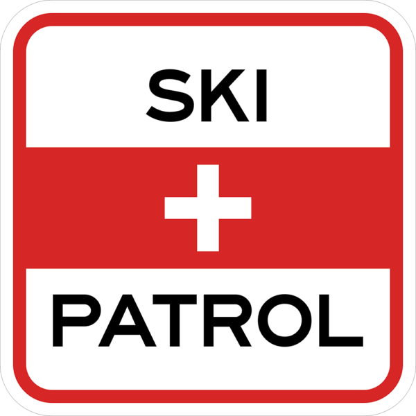 Square white and red ski sign that says "Ski Patrol"