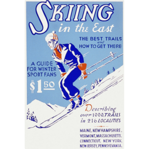 Skiing In The East - Vintage ski Magazine with man skiing down a hill and Advertising text.