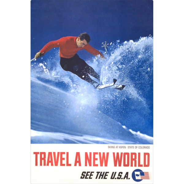 Vintage rectangular wall art with a man in a red turtle neck skiing down a hill. Text says "Travel A New World"