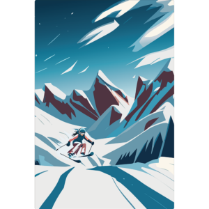 Rectangular wall art of woman skiing down a hill.