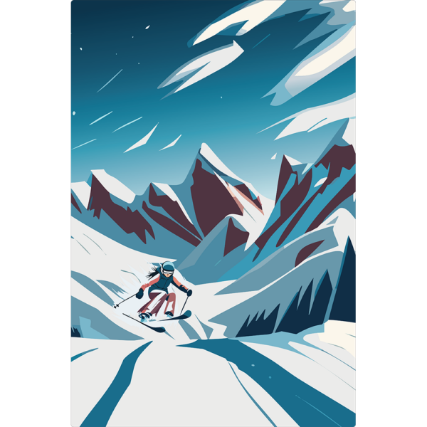 Rectangular wall art of woman skiing down a hill.