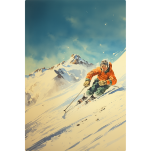 Vintage rectangular ski wall art of an older man skiing down a hill.