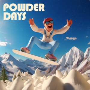 Square wall art that says "Powder Days" and has a cartoon man smiling while hitting a jump on a snowboard.