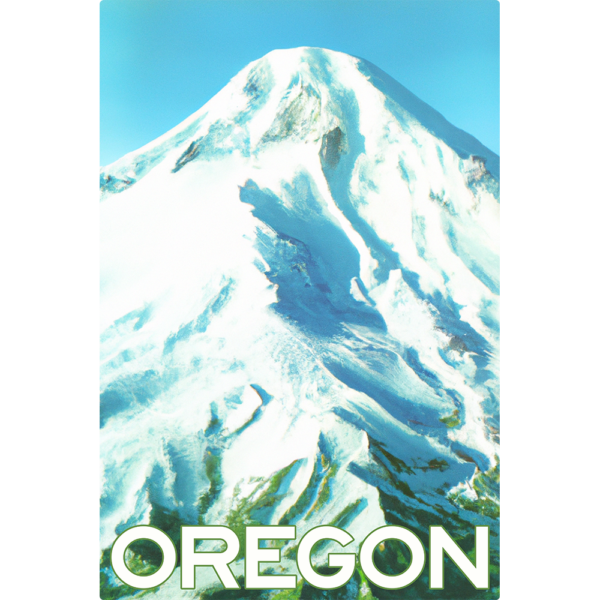 Rectangular sign with Mt hood in the backrgound and says " Oregon"