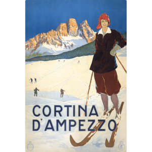 vintage style Graphic of woman posing wearing skis.