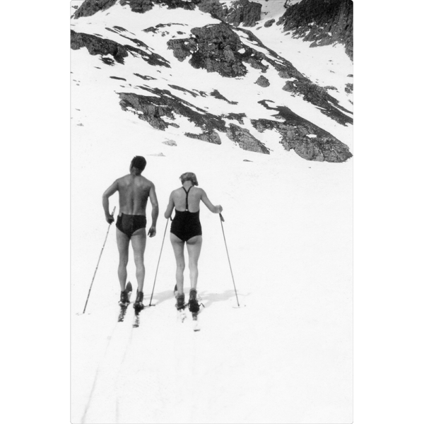 b&w skiers in swimming suits