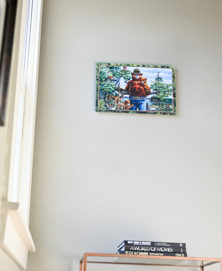 Smokey bear wall art in a modern stairway.