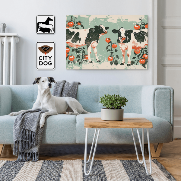 A dog on a couch with three pieces of wall art hung above it.