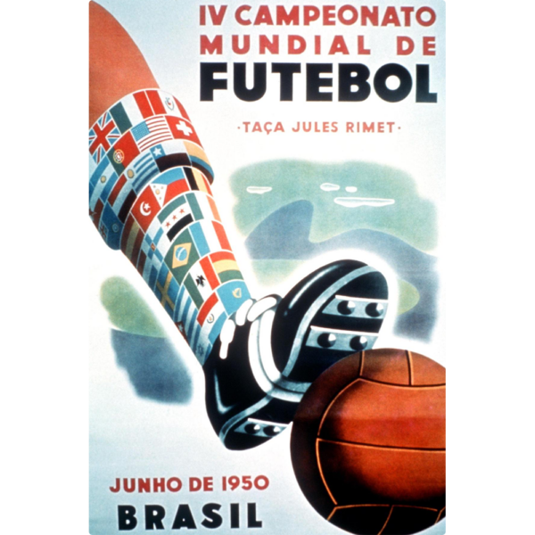 Brazil World Cup 1950 - Featuring the vintage poster image with the leg of a player kicking a soccer ball.