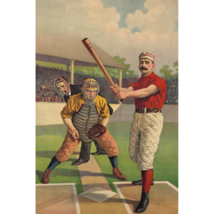 Baseball player with bat in hand and umpire behind the plate, finished with a vintage look.